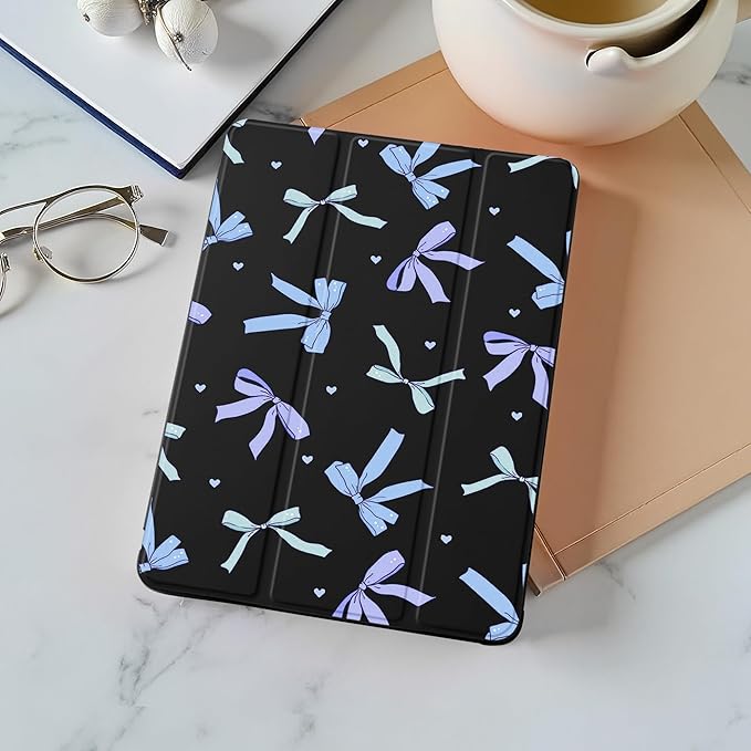 Idocolors Case for iPad 11 inch (A16 Chip) 2025 Generation 11th / iPad 10.9 inch 2022 10th Gen Built-in Pencil Holder with Soft TPU Shockproof Back Shell Auto Wake/Sleep Blue Bow-Black