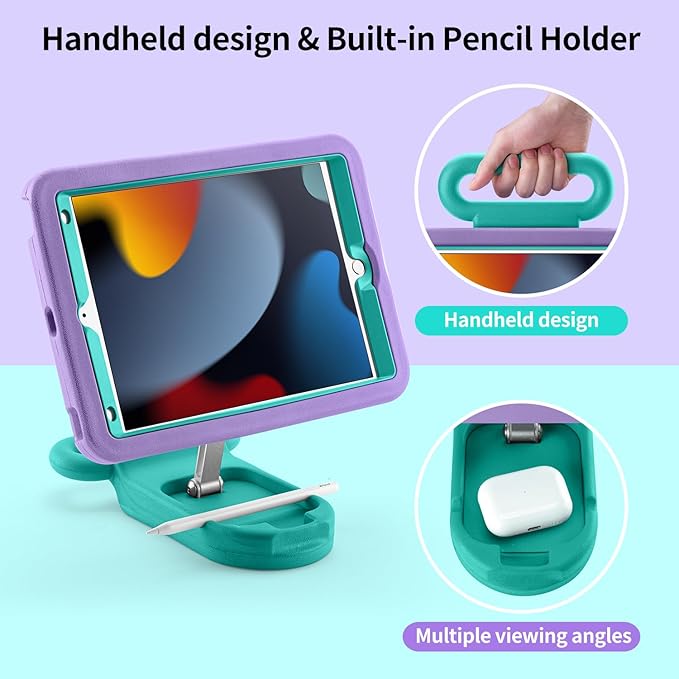 Kids Case for iPad 7th/8th/9th Gen 10.2 inchAdjustable Portrait/Landscape Stand/Drop Proof with Handle/KickstandChild Friendly Protective Cover for iPad 10.2 2021/2020/2019 (PurpleGreen)