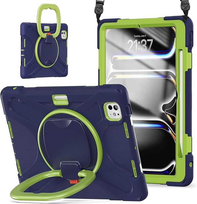 TSQQST Case for iPad Pro 11 Inch M5 2025/ M4 2024 Heavy Duty Rugged Shockproof Proective Case with Screen Protector Shoulder Strap Pencil Holder 360° Rotating Handle Stand Navyblue Lime