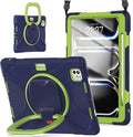 TSQQST Case for iPad Pro 11 Inch M5 2025/ M4 2024 Heavy Duty Rugged Shockproof Proective Case with Screen Protector Shoulder Strap Pencil Holder 360° Rotating Handle Stand Navyblue Lime