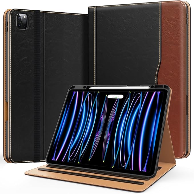 Case for New iPad Pro 12.9 inch 6th/5th/4th/3rd Generation 2022/2021/2020/2018 12.9'' ipad Pro Leather Folio Protective Cover 6/5/4/3 Gen with Pencil Holder Auto Wake/Sleep Brown Black