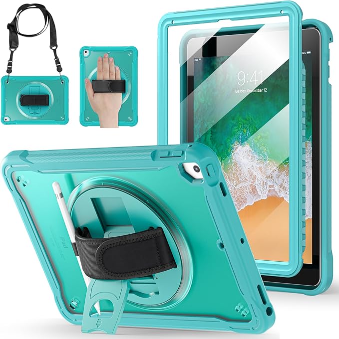 BRAECNstock Case for iPad 6th/5th Generation 9.7 inch 2018/2017ipad Air 2nd Generation &amp Pro 9.7 inch Cover for Kids with Pencil HolderScreen Protector360°Rotating Hand Strap&ampKickstand-Ligh
