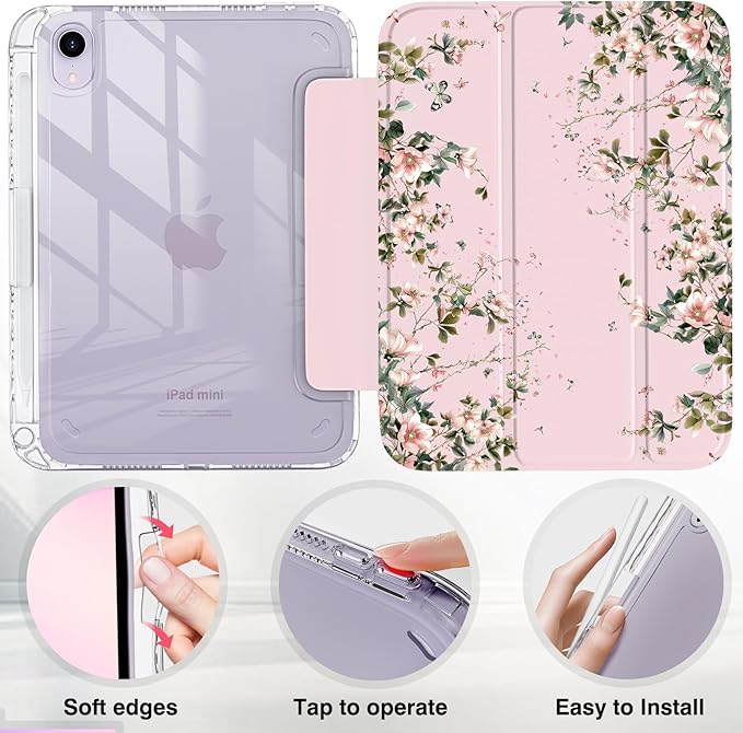 Cherry Tree iPad mini 6/7 Case (8.3) with Pencil Holder –Japanese Style Hot Pink Acrylic Cover withTri-Fold Stand Auto Wake/Sleep Fits A2567/A2568/A2569 &amp A17 Pro (Flower Blossoms) for Girls