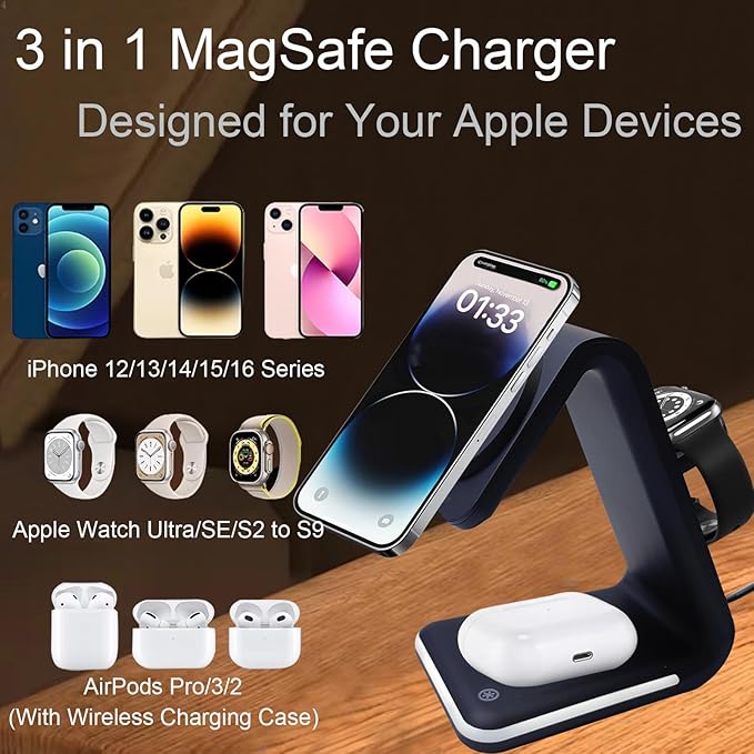 Magnetic Wireless Charger 3 in 1 Charging Station with Nightlight for Apple Magsafe iPhone 16/15/14/13/12 iWatch Series AirPods Charger Stand(15W Adapter)