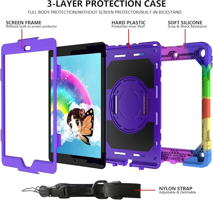 for iPad 9th/8th/7th Generation CaseiPad 10.2 Case 2021/2020/2019 with Cute Key Chain Rugged Protective Case with 360°Rotating Stand &amp Shoulder Hand Strap &amp Pen Slot for 10.2 Inch (Rainbow