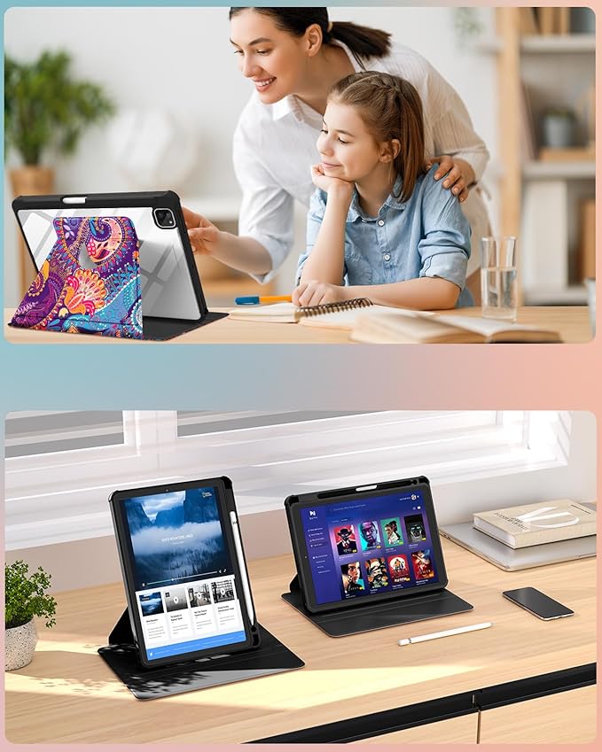 for iPad Air 11 inch Case Air 5th/4th Generation 10.9 Pro 11'' Case Women Girls for Apple Pencil Holder Cute Kawaii Rotating Folio Cover for iPad Air 11 2024 (M2) 10.9 2022 2020 Pro 11
