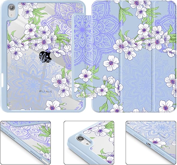 Mektron Printed Case for iPad mini 7 (A17 Pro) 2024/ Mini 6 2021 iPad mini 7th/6th Generation 8.3-inch Liquid Retina Display Cover Buit in Pencil Holder with Clear Back Shell Blossom Sakura-Blue