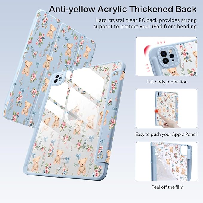 Cute Kawaii Bear Flower Bow for iPad Pro 13 Inch Case (M5/M4) 2025/2024 with Pencil Holder Auto Sleep/Wake Blue Leather Clear Acrylic Back Cover