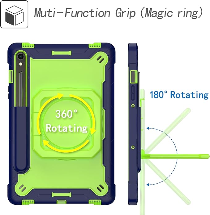 Case for Galaxy Tab S9 FE+/Tab S9+ 12.4 inch Rugged Armor Heavy Duty Hybrid Cover with Adjustable Stand and Handle for Tab S9 Plus 12.4 with Shoulder Strap and S Pen Holder (Blue/Green)