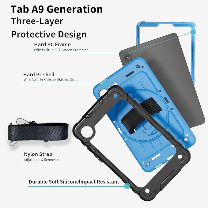 Case for Samsung Galaxy Tab A9 Case 8.7 Inch 2023 with 360 Rotating Hand Strap &amp Shoulder StrapProtective Case for Galaxy Tab A9 8.7 Tablet SM-X110/X115/X117 (Black+Sky Blue)