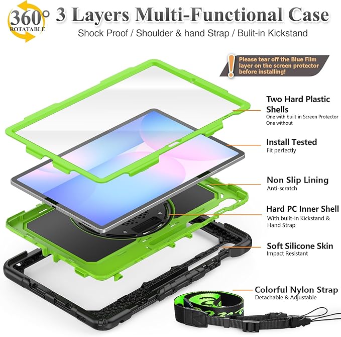 SEYMAC stock Case for Samsung Galaxy Tab S10 FE+ Plus 5G Tablet Case 13.1'' Protective with Screen Protector Pen Holder 360 Rotate Stand Hand Strap Shoulder Strap Green1