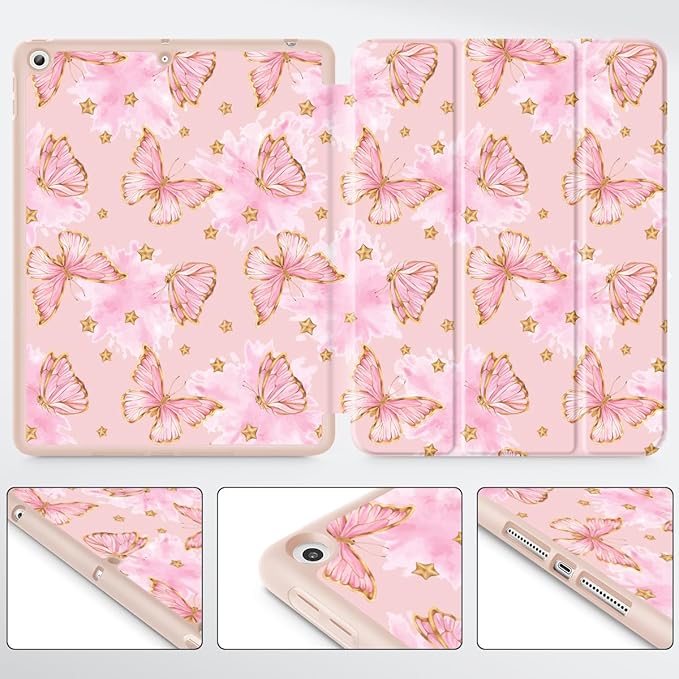 Tuiklol Case for iPad 10.2 Inch 2021 2020 2018 Release 9th / 8th / 7th Generation Built-in Pencil Holder TPU Protective Stand Back Cover Trifold Stand-Auto Wake/Sleep Butterfly Pink