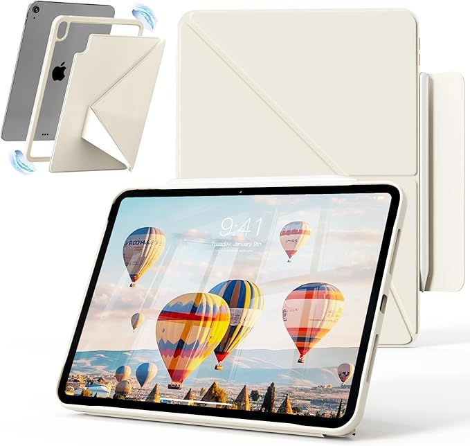 for iPad Air 11 Inch Case M3/M2 (2025/2024) iPad Air 5th/4th Gen Case 10.9 Inch (2022/2020) w/Pencil Holder Portrait/Landscape 4+ Angles Magnetic Cover for iPad Air 11'' 10.9'' Cream White
