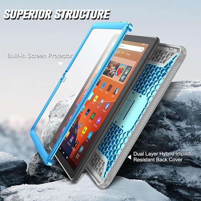 Fintie Shockproof Case for All-New Fire HD 10 Tablet (13th Generation 10.1 2023 Release) [Tuatara] Rugged Unibody Hybrid Bumper Kickstand Cover with Built-in Screen Protector Blue