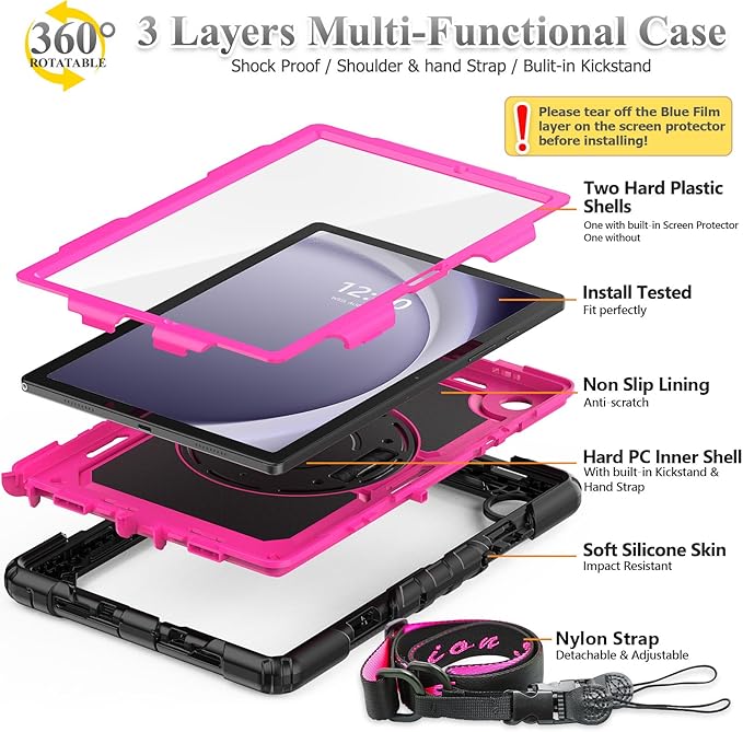 SEYMAC stock Case for Samsung Galaxy Tab A9 8.7'' Full-Body Drop Protection Case with Screen Protector Pencil Holder [360° Rotating Hand Strap] &ampStand Pink+Black