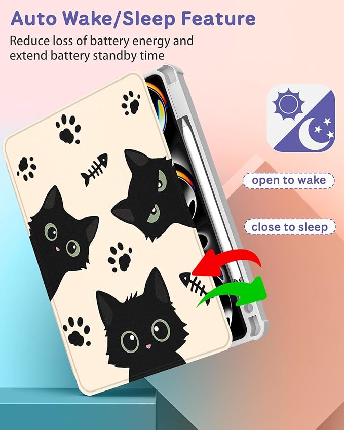 for iPad Pro M4/M5 Case 11 inch - 360 Degree Rotating Stand Folio Smart Cover with Pencil Holder for Women Girls Black Cats for iPad Pro 11 inch Case 2024 M4/2025 M5