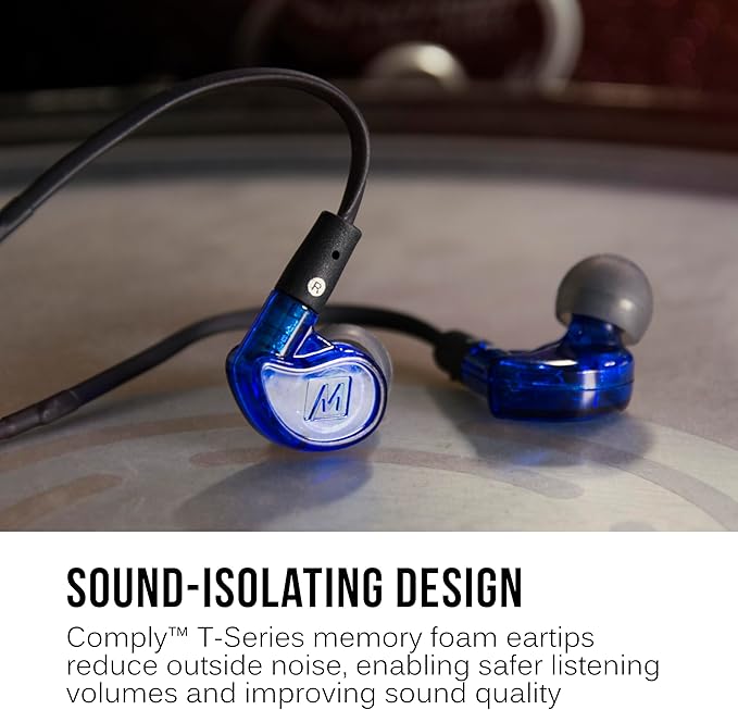 MEE audio M6 PRO In Ear Monitor Headphones for Musicians 2nd Gen Model With Upgraded Sound Memory Wire Earhooks &amp Replaceable Cables Noise Isolating Professional Earbuds 2 Cords Included (Blue