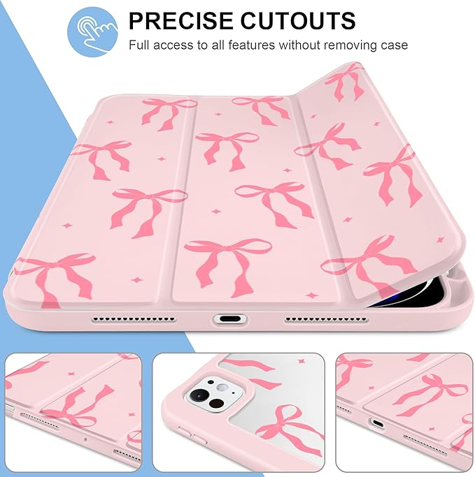 MecBevia Case for iPad Pro 11 inch M5 2025 / M4 2024 (6th/5th Gen) A3357 A3358 A3359 A2836 A2837 A3006 – Built-in Pencil Holder &amp Auto Wake/Sleep Pink Bow