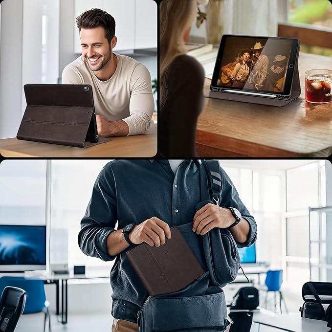 Gexmil for iPad Air 10.5 Inch Case3rd Generation(2019) Genuine Leather Cover with Pencil HolderCowhide Folio Cover Auto Sleep/WakeAnti FingerprintSand Dark Brown