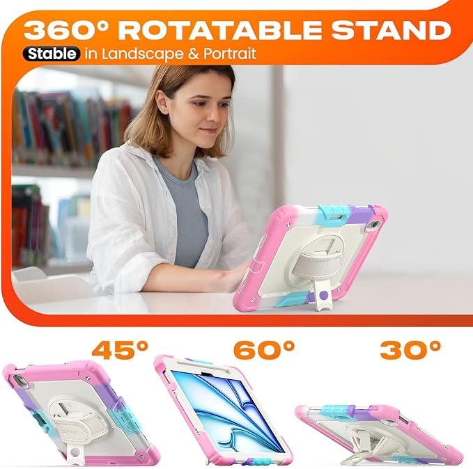 SEYMAC stock Case for iPad Air 11-inch M4-M2 2026-2024 (Gen 8-6) Shockproof Heavy Duty Case with Screen Protector Pencil Holder Rotating Stand Hand Strap Shoulder Strap Pink