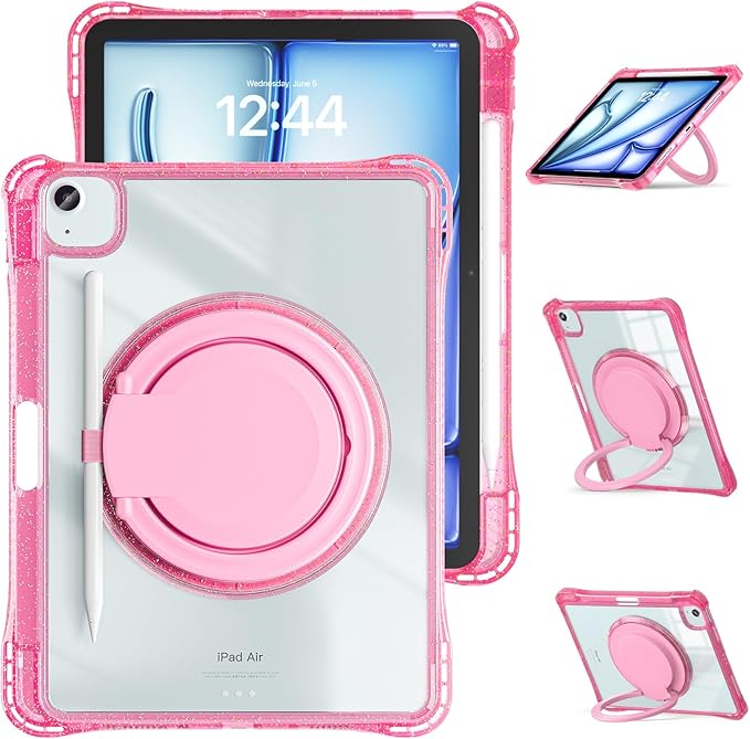Shockproof Case for iPad Air 11'' (M4 2026/M3 2025/M2 2024)/ iPad Air 10.9'' Air 5th /4th Gen PC Clear Tablet Cases with Rotating Stand for Kids Giliter Rose