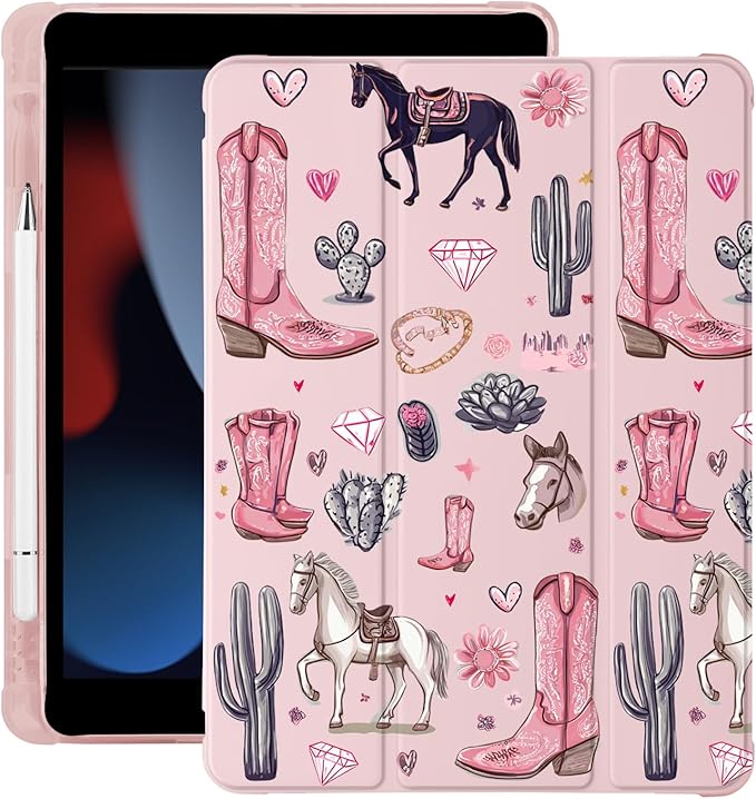 Cute Western Cowgirl Horse for iPad (A16) 11th Generation Case 11 Inch 2025 for iPad 10th Gen Case 10.9 Inch 2022 with Pencil Holder Auto Sleep/Wake Pink Leather Soft TPU Back Cover