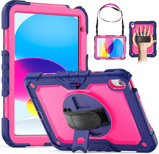 Kids Case for iPad (A16) 11th/10th Generation 11''/10.9'' 2025/2022: Shockproof Protective Case with Hand/Shoulder Strap Pencil Holder Rotate Stand Screen Protector