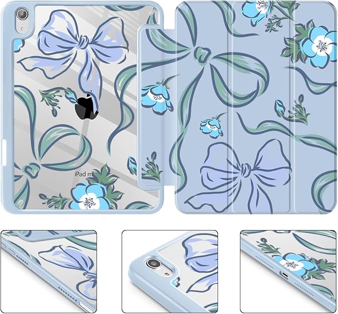 Mektron Printed Case for iPad mini 7 (A17 Pro) 2024/ Mini 6 2021 iPad mini 7th/6th Generation 8.3-inch Liquid Retina Display Cover Buit in Pencil Holder with Clear Back Shell Flowers-Bows-Blue