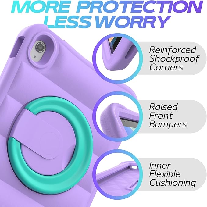 MRWHO Kids Case for iPad (A16) 11th Generation 11 inch 2025/ 10th Generation 10.9 inch 2022 - Sturdy Lightweight Flexible Shockproof Rotating Stand Handle Girls Boys Cover for iPad 11 10 Gen Purple