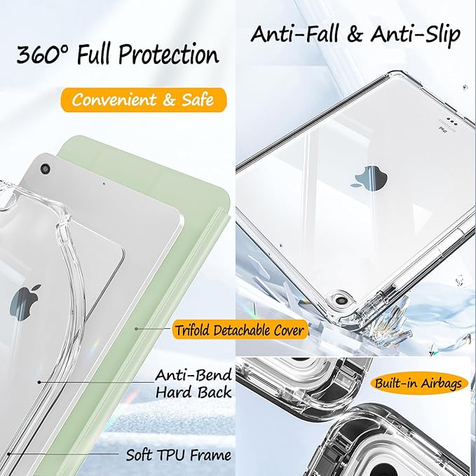 Slim Case For iPad 9th/8th/7th Generation 2021/2020/2019 (10.2 inch) Leather Case with Pencil Holder Slide Detachable Magnetic Trifold Stand Shockproof Protective Cute Clear Back Cover (Light Green)
