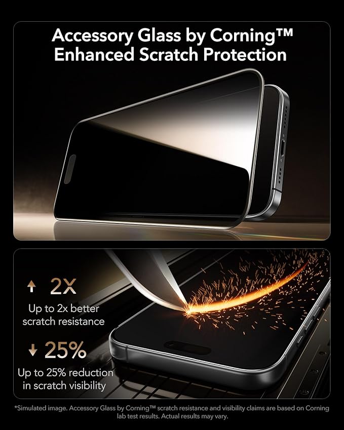 ESR Accessory Glass by Corning™ 3 Pack 9H+ Glass for iPhone 17/16 Pro Privacy Screen Protector with AR Anti-Reflective Technology Military Grade Shatterproof &amp Durable with UltraFit Tray