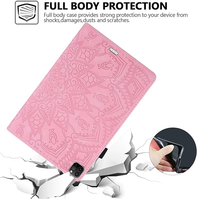 Folio Case for iPad Pro 13-inch M4 M5 (2024-2025) Techcircle Anti-Slip Stand Mandala Embossed PU Leather Soft TPU Back Protective Cover with Elastic Strap Card Slots &amp Pencil Holder Pink