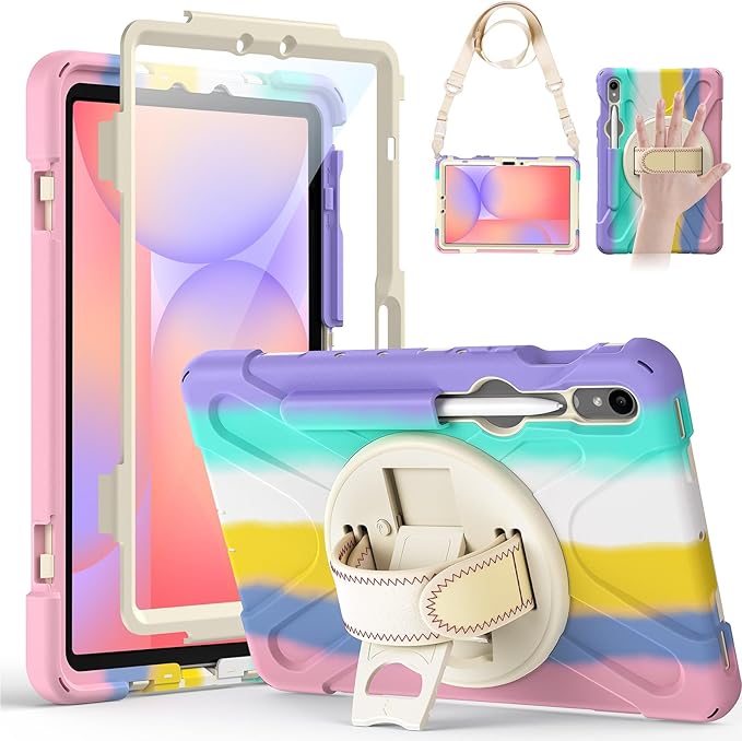 Gerutek Case for Samsung Galaxy Tab S10 Lite/S10 FE/S9 FE/Tab S9/S8 /S7 5G 10.9/11 Full-Body Drop Protective Case with Screen Protector Pencil Holder 360° Rotating Handle Stand Colorful Pink