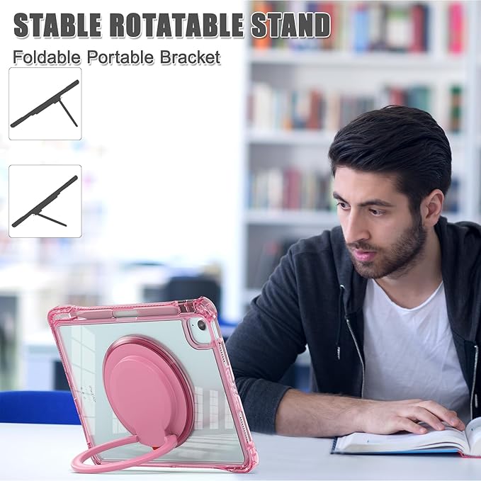 Shockproof Case for iPad Air 11'' (M4 2026/M3 2025/M2 2024)/ iPad Air 10.9'' Air 5th /4th Gen PC Clear Tablet Cases with Rotating Stand for Kids Rose
