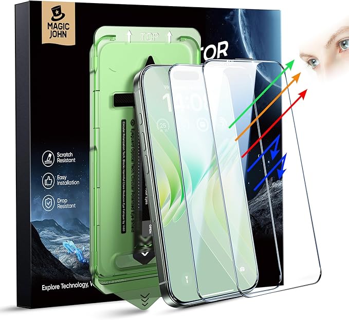 MAGIC JOHN 2 PACK for iPhone 16 Pro Max (6.9) Eye Protection Screen Protector HD Clear Auto Dust-Elimination 9H Tempered Glass &amp Scratch Resistance Full Edge Coverage