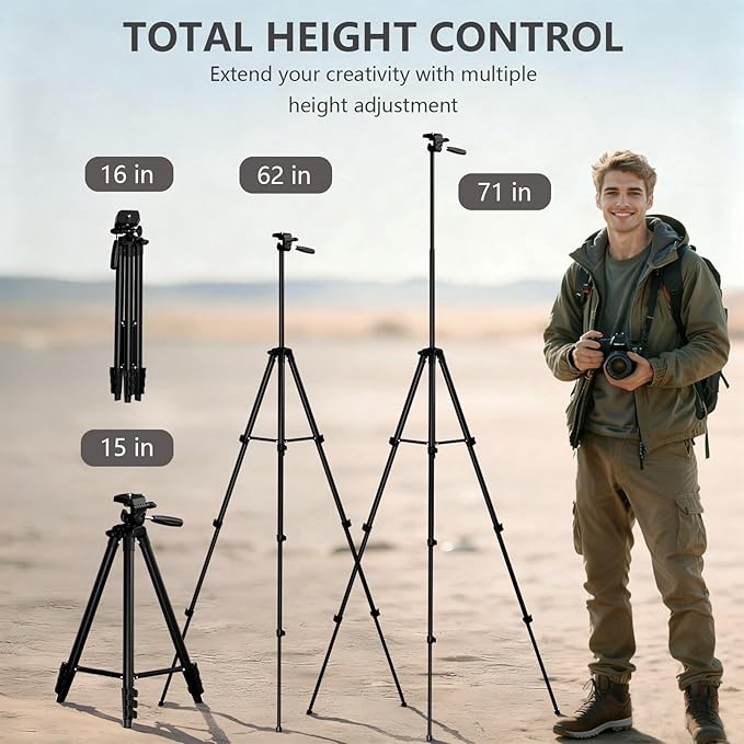KINGJOY 71 Camera &amp Phone Tripod Lightweight Travel Stand with 2-in-1 Tablet Mount Wireless Remote and 3-Way Pan Head Max 6.6LB Compatible with Canon Nikon iPhone 17/16 Pro Max DSLR Vlogging