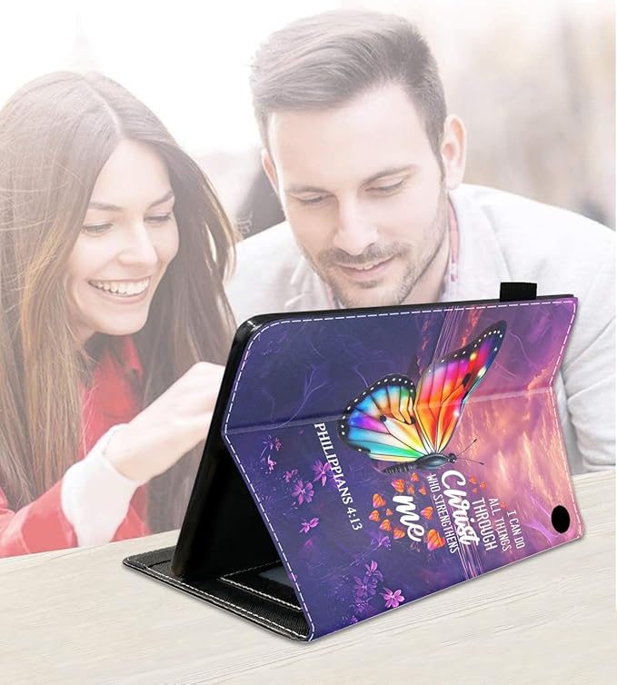Case for Amazon Fire HD 10/HD 10 Plus Tablet 10.1 (13th/11th Gen 2023/2021 Release) Slim PU Leather Cover with Card Slot &amp Auto Wake/Sleep Butterfly Quote Bible Verse Philippians 4-13