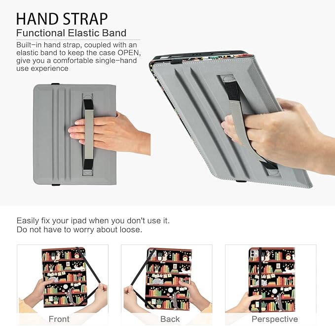 Rotating iPad Air 11-inch Case M4/M3/M2 Case for iPad Air 5th/4th Generation 10.9 Inch 360 Swivel Multi-Angle Adjustable Stand Pencil Holder/Pocket/Hand Strap for iPad Pro 11-inch case Bookshelf Cat