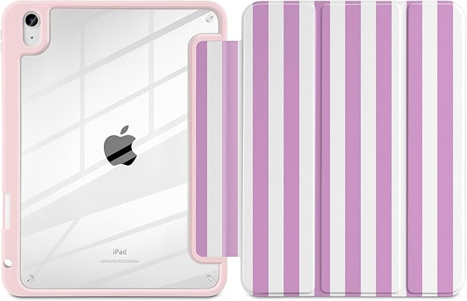 DONGKE Case for iPad (A16) 11th Generation 11 inch 2025 &amp iPad 10th Gen 10.9 inch 2022 [Built-in Pencil Holder] Clear Acrylic Back Trifold Stand Smart Cover Auto Sleep/Wake Lilac Stripes