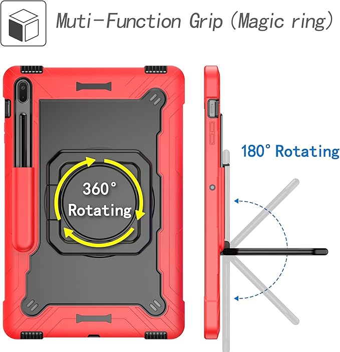 Stand Case for Samsung Galaxy Tab S8 Plus 2022/Tab S7 FE 5G 2021/Tab S7 Plus 2020 Case 12.4 inch 360 Degree Rotating Kickstandwith Hand/Shoulder Strap Rugged Shockproof Cover Red &amp Black