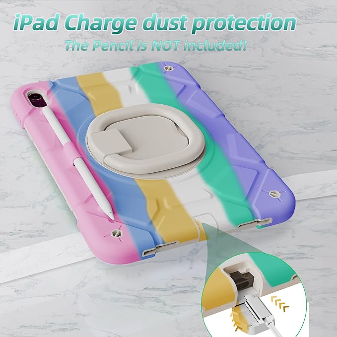 case for iPad (A16) 11th Generation 11 Inch (2025)iPad 10th Generation 10.9 Inch(2022)with[Tempered Glass Screen Protector] [Pencil Holder] 360° Rotating Handle Stand (Rainbow)