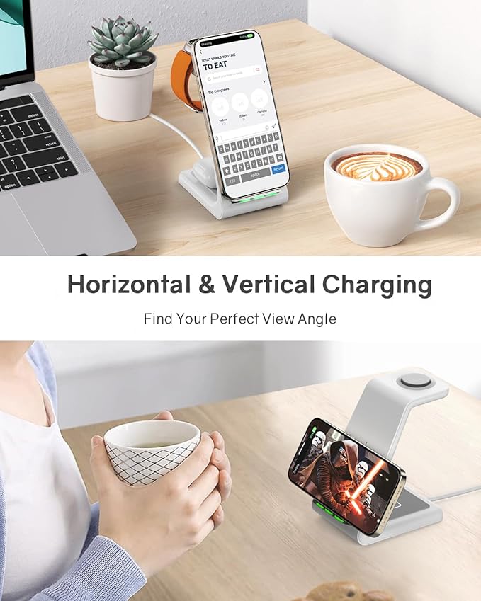 Wireless Charging Station for Apple - 3 in 1 Wireless Charger Stand Dock Watch and Phone Charger Station for Apple Watch 11/8/7/SE/6/5/4/3/2 iPhone 17 16-12 Pro Max SE XS X Samsung AirPods Pro/3/2