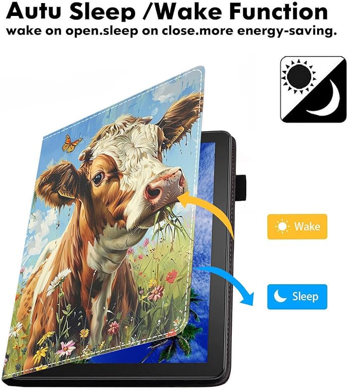 Case for Amazon Kindle Fire 7 Tablet (7 9th/7th Generation 2019/2017 Release) Slim PU Leather Cover with Card Slot &amp Auto Wake/Sleep Watercolor Art Cow
