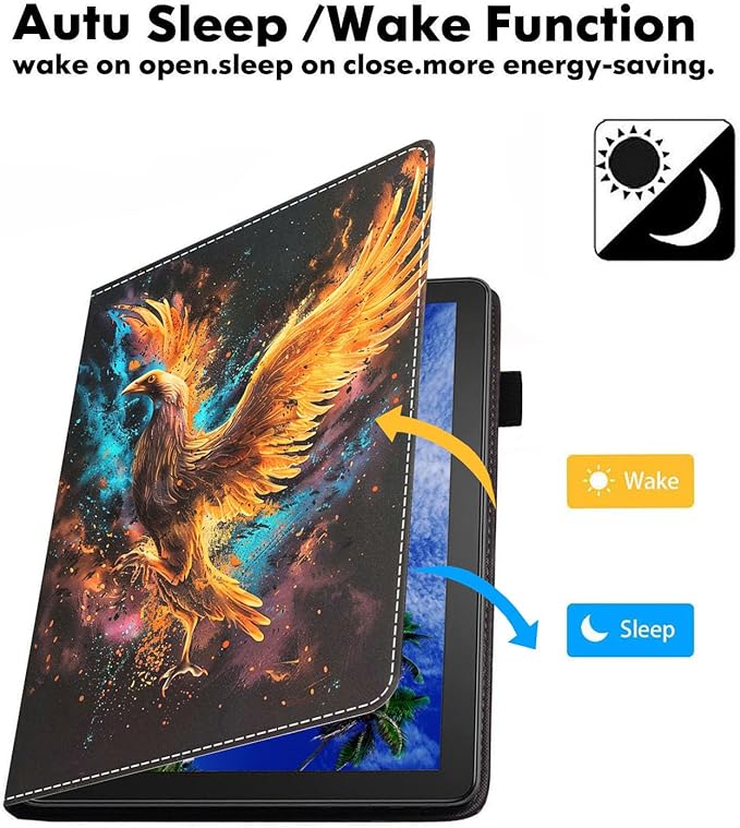 Case for Amazon Kindle Fire 7 Tablet (7 9th/7th Generation 2019/2017 Release) Slim PU Leather Cover with Card Slot &amp Auto Wake/Sleep Watercolor Art Fire Phoenix