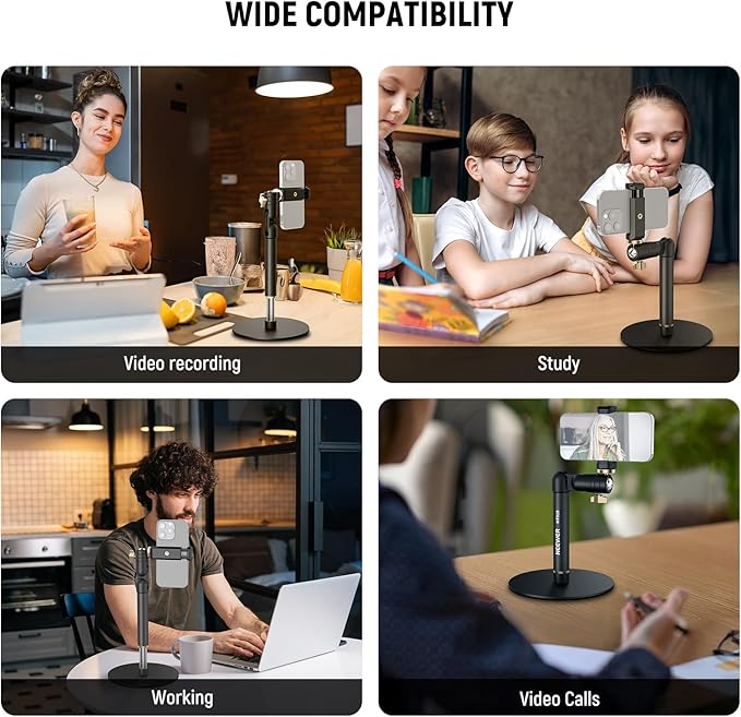 NEEWER Cell Phone Stand for Desk Adjustable Office Table Phone Holder Mount Compatible with iPhone Samsung for Video Recording Filming 360° Ball Head Foldable Arm Weighted Metal Base MT010