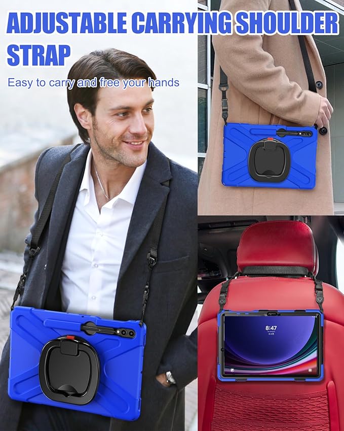 BRAECN Case for Galaxy Tab S10+/S9 FE+/S9+/S8+/S7 FE/S7+ 12.4 Inch SM-X820/X810/X800 Rugged Silicone Cover with Screen Protector Kickstand Shoulder Strap S Pen Holder for Galaxy Tab S9 Plus Blue