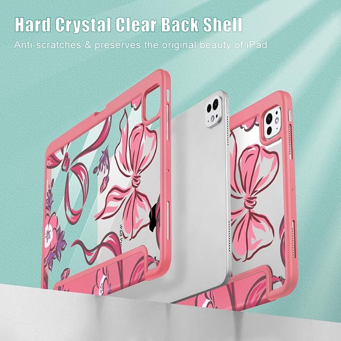 Mektron Case for M5/ M4 iPad Pro 11 inch 2025/2024 with Pencil Holder Compatible Models: A3357/A3358/A3359/A2836/A2837/A3006 Shockproof Cover Clear Shell Flowers-Bows-Red