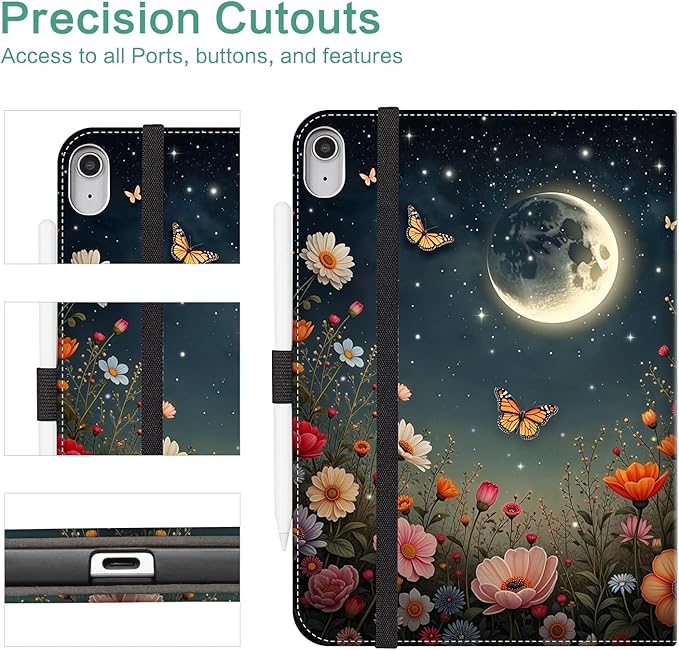 Vimorco Case for iPad (A16) 11th Generation 11 inch (2025)for iPad 10th Gen 10.9 inch (2022) Pencil Holder&ampHand Strap&ampPocketMultiple Stand Protector Folio CoverAuto Wake/SleepBlack Moon F