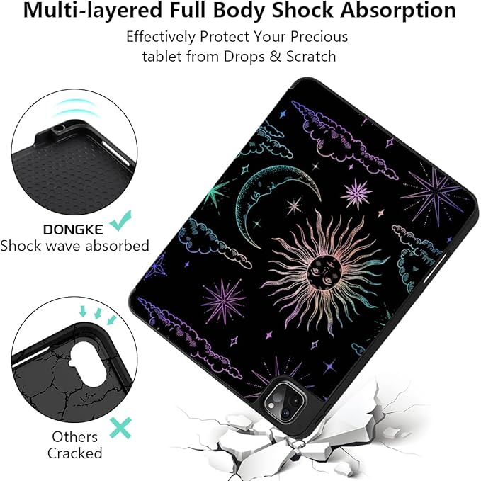 DONGKE Case for 2022/2021/2020/2018 iPad Pro 11 inch Gen 4/3/2/1 - Slim Protective Case - Built in Pencil Holder Support Charging - Trifold Stand &amp Sleep/Wake Cover - Sun &amp Moon