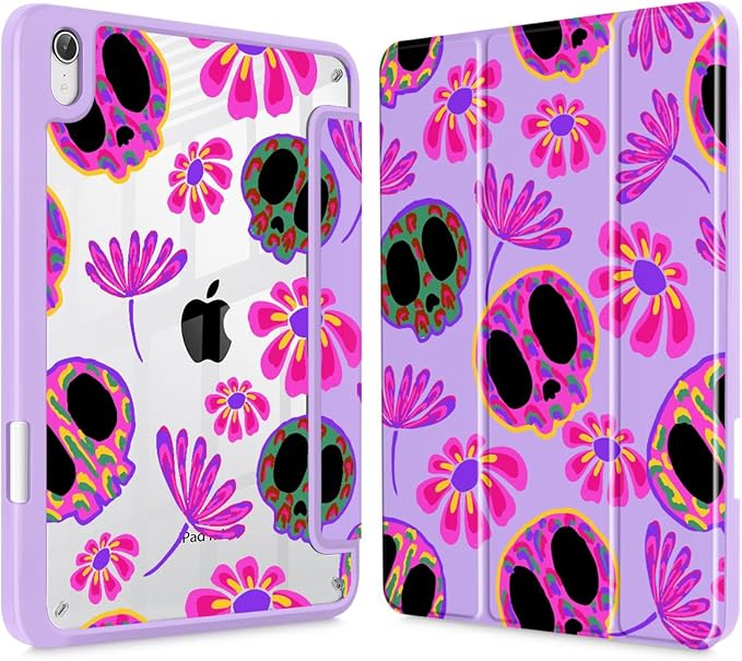 Mektron Printed Case for iPad mini 7 (A17 Pro) 2024/ Mini 6 2021 iPad mini 7th/6th Gen 8.3-inch Liquid Retina Display Cover Buit in Pencil Holder with Clear Back Shell Skull &amp Flowers Purple